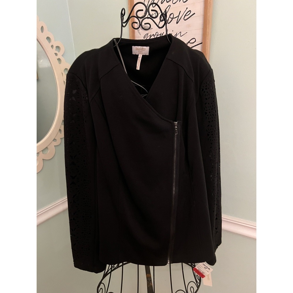 LAUNDRY SHELLI SEGAL Blazer Black Zip Front Woman 2X NWT‎ LACE SLEEVE $140